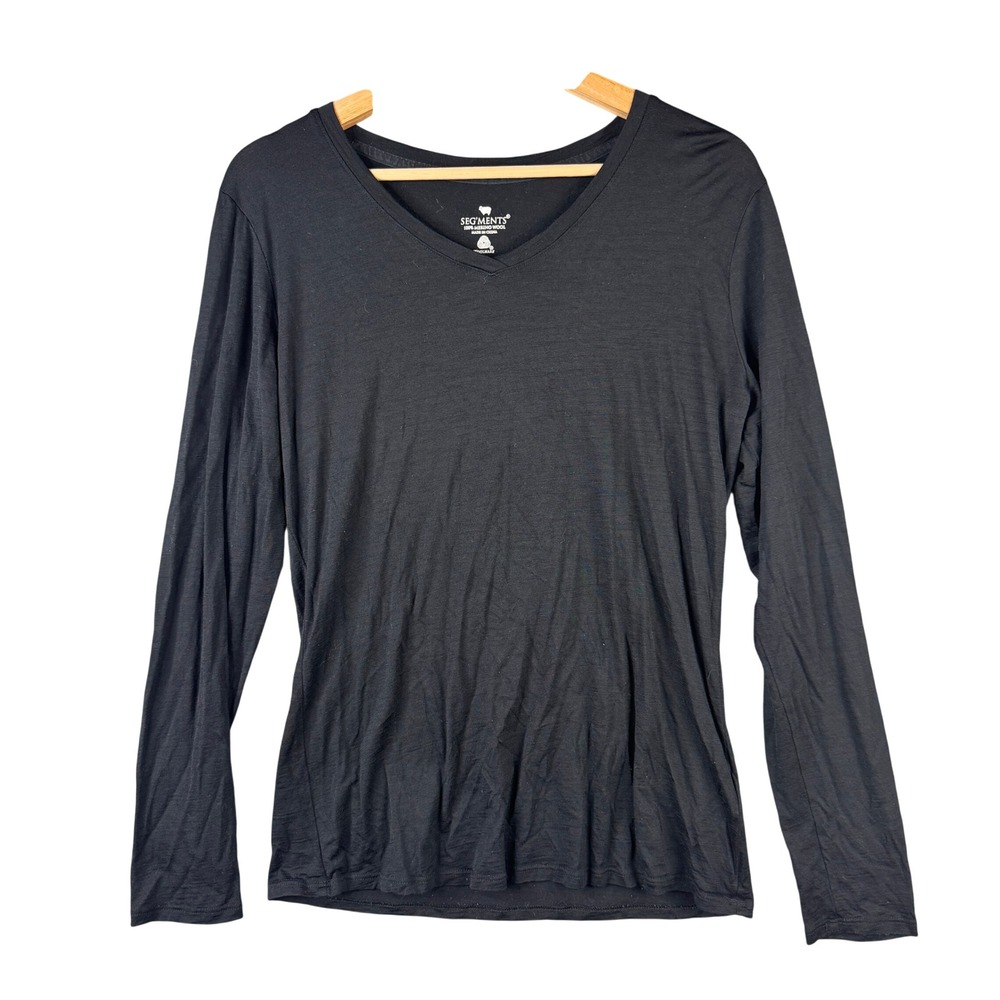 Seg'ments 100% Merino Wool V-Neck Long Sleeve Top Black Large Base Layer
